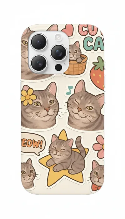 iPhone 16 Pro Max Kılıf - Sevimli Kedi Sticker Deseni featured