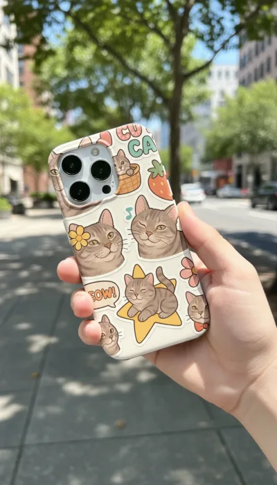 iPhone 16 Pro Max Kılıf - Sevimli Kedi Sticker Deseni gallery 1