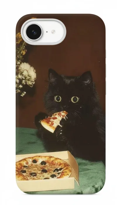 iPhone 16E Kılıf - Pizza Yiyen Siyah Yavru Kedi featured