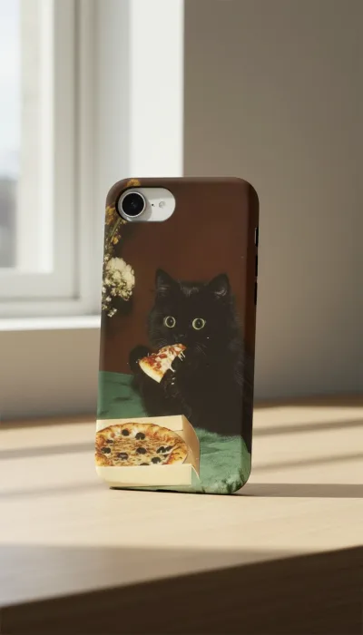 iPhone 16E Kılıf - Pizza Yiyen Siyah Yavru Kedi gallery 1