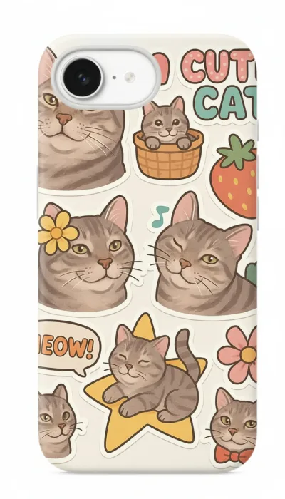 iPhone 16E Kılıf - Sevimli Kedi Sticker Deseni featured