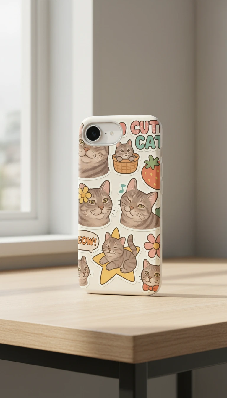 iPhone 16E Kılıf - Sevimli Kedi Sticker Deseni gallery 1