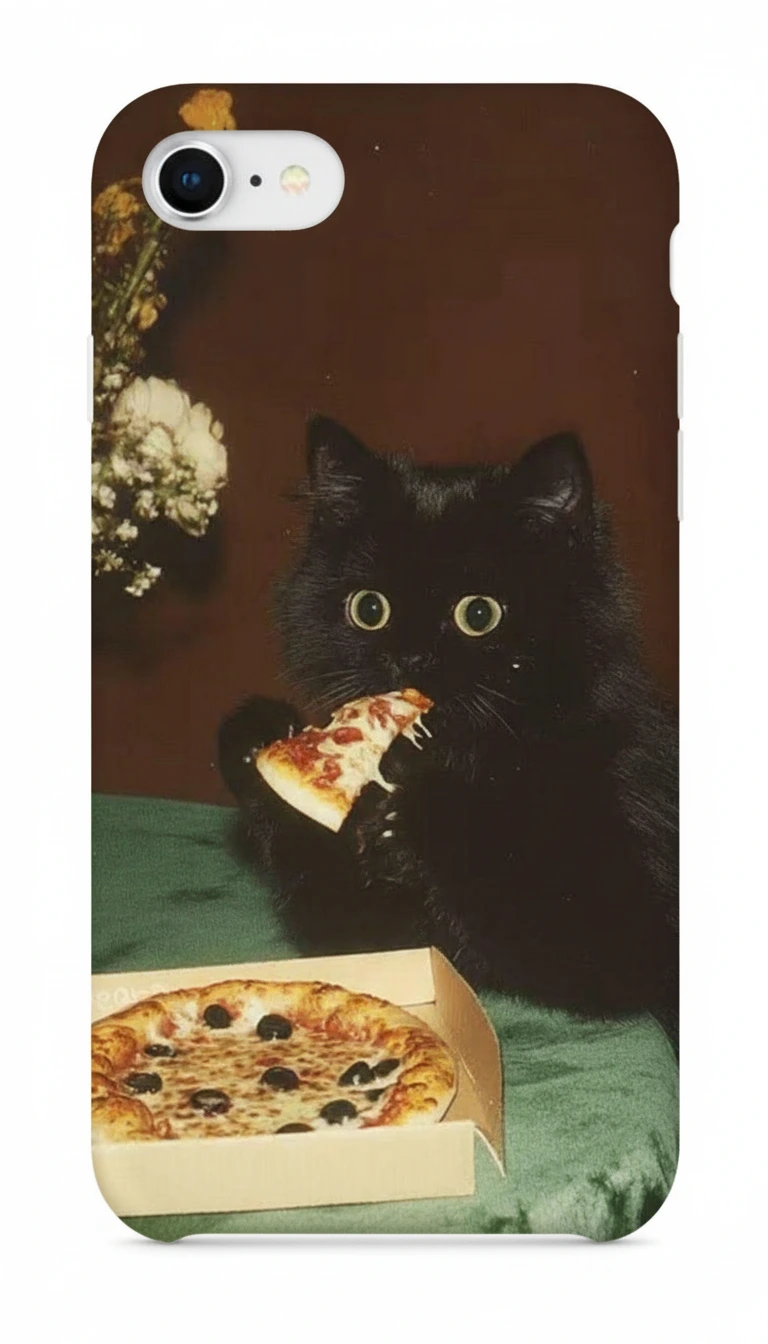 iPhone 8 Kılıf - Pizza Yiyen Siyah Yavru Kedi featured