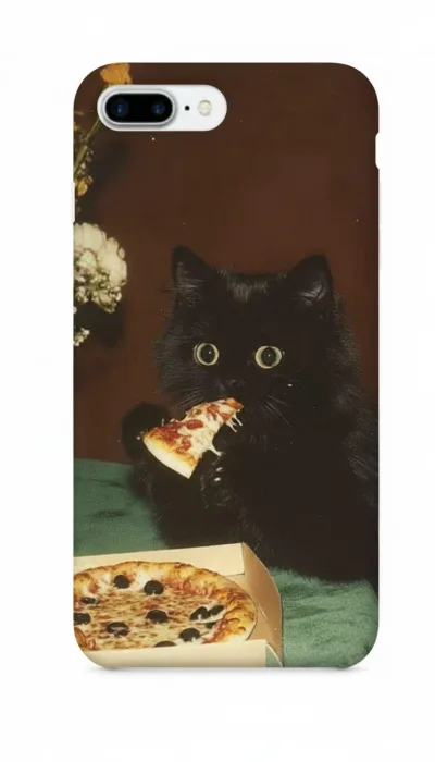 iPhone 8 Plus Kılıf - Pizza Yiyen Siyah Yavru Kedi featured