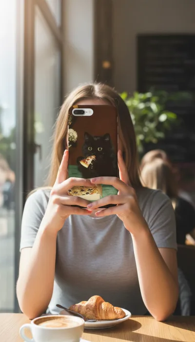 iPhone 8 Plus Kılıf - Pizza Yiyen Siyah Yavru Kedi gallery 1