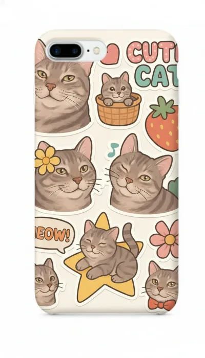 iPhone 8 Plus Kılıf - Sevimli Kedi Sticker Deseni featured