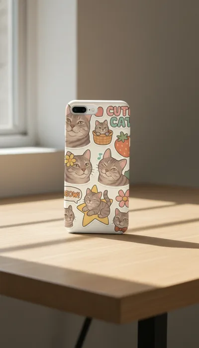 iPhone 8 Plus Kılıf - Sevimli Kedi Sticker Deseni gallery 1