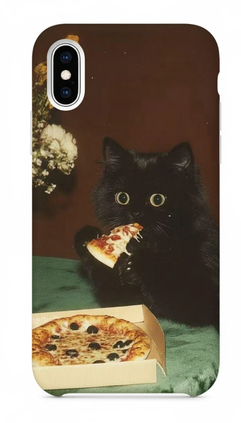 iPhone XS Kılıf - Pizza Yiyen Siyah Yavru Kedi featured